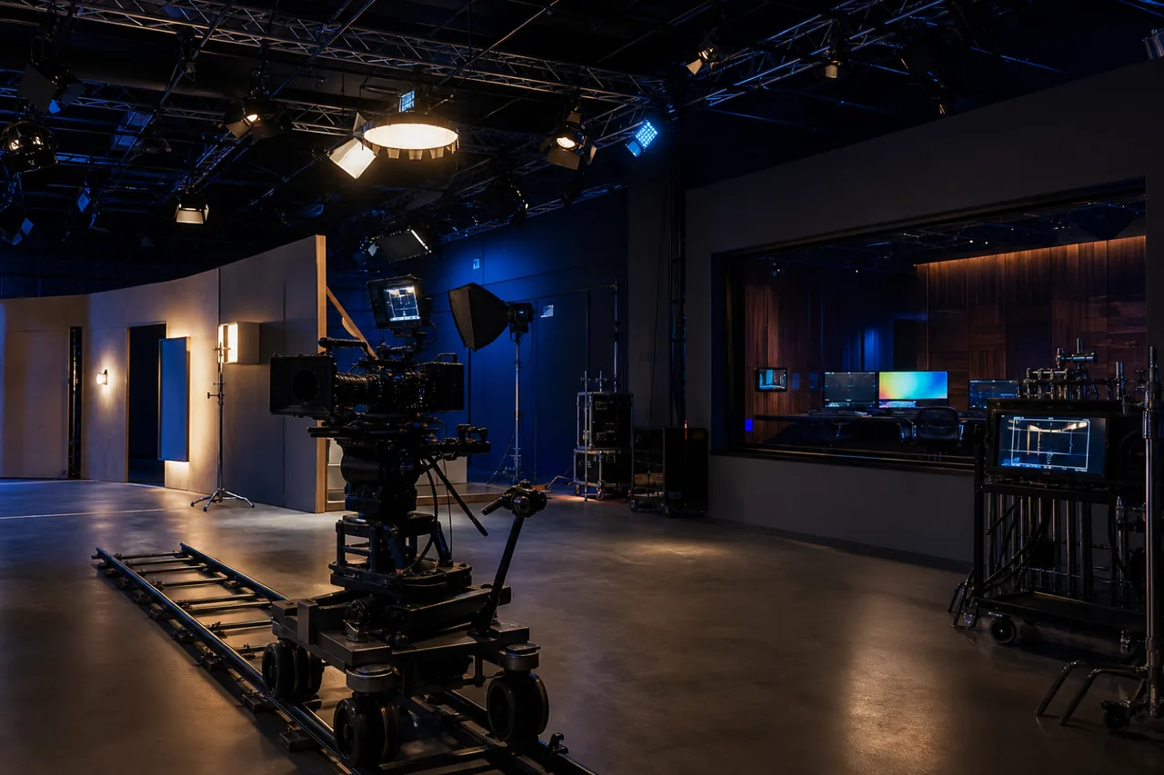 Cinema sound stage with professional camera and lighting systems
