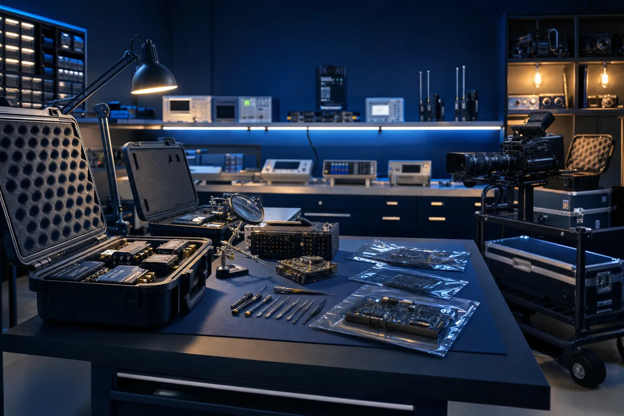 Broadcast equipment service workshop, spares, and rental cases
